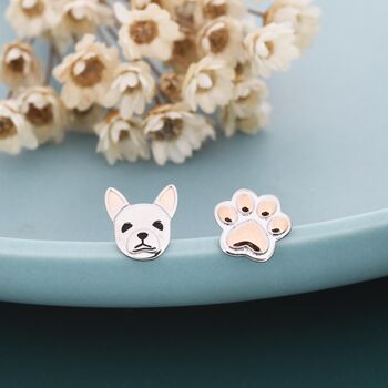 Mismatched French Bulldog And Paw Print Stud Earrings In Sterling Silver, 7 of 12