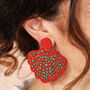 Beaded Red And Green Shell Drop Earrings, thumbnail 1 of 4