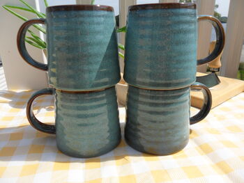 Set Of Four Reactive Glaze Brûlée Mugs In Lagoon Blue And Dark Chocolate, 4 of 7