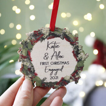 First Christmas Engaged Wooden Wreath Decoration Ornament, 4 of 6