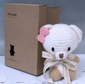 Hand Knitted Personalised Mini Teddy Bear With Bow, 2 of 7