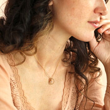 Personalised Family Hammered Halo And Birthstone Pendant Necklace In Gold Plating, 5 of 8