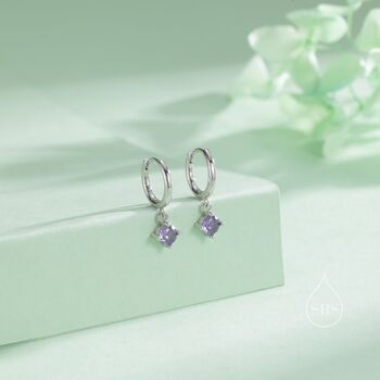 Tiny Purple Cz Dangle Huggie Hoop Earrings, 6 of 12