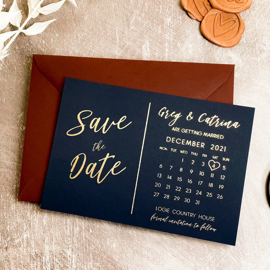 Navy Save The Date Calendar Wedding Invites, 1 of 6