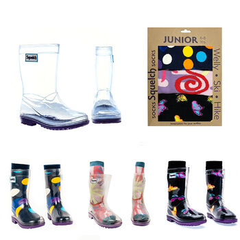 Squelch Transparent Wellies And Three Sock Set Spots, 2 of 7