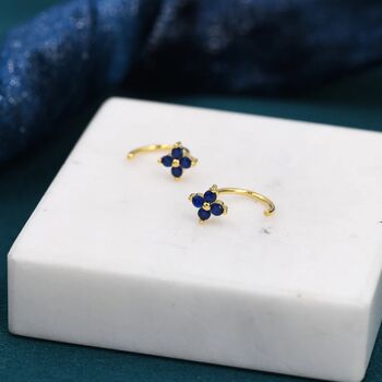 Sapphire Blue Cz Hydrangea Flower Huggie Hoop Earrings, 4 of 8