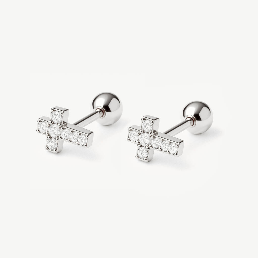 Women's Sterling Silver Tiny Pave Cross Stud Earrings, 1 of 4