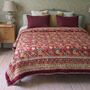 Deep Red, Green And Mustard Floral Indian Block Printed Cotton Bed Quilt, thumbnail 1 of 9