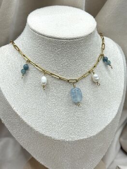 Aquamarine March Birthstone Gold Plated Tarnish Free Charm Necklace, 6 of 6