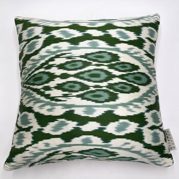 Square Ikat Silk Cushion Forest Green Abstract, 3 of 9