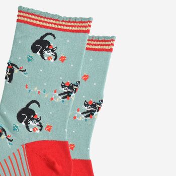 Women's Bamboo Socks Green Red Christmas Cats, 3 of 5