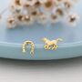 Tiny Mismatched Running Horse And Horseshoe Stud Earrings In Sterling Silver, thumbnail 7 of 12