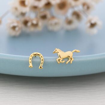 Tiny Mismatched Running Horse And Horseshoe Stud Earrings In Sterling Silver, 7 of 12