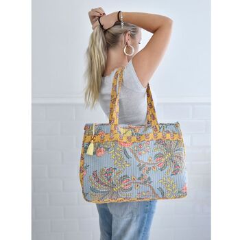 Block Printed Coral Exotic Bouquet Quilted Bag, 3 of 4