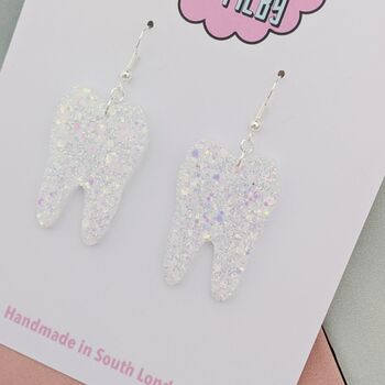 Tooth Glitter Earrings / Dentist Graduation Gift / Dental Hygienist Statement Dangles / Tooth Fairy Novelty Jewellery, 3 of 10