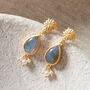 Aquamarine And Pearl Matt Gold Stud Drop Earrings, thumbnail 8 of 10