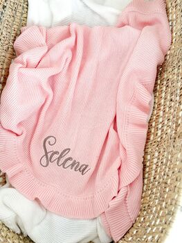 Personalised Embroidered Ruffle Frill New Baby Name Knitted Blanket, 3 of 8