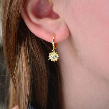 Gold And Turquoise Evil Eye Huggie Earrings, 2 of 7