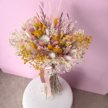 Pink And Yellow Dried Flower Bouquet With Gypsophila, 4 of 5