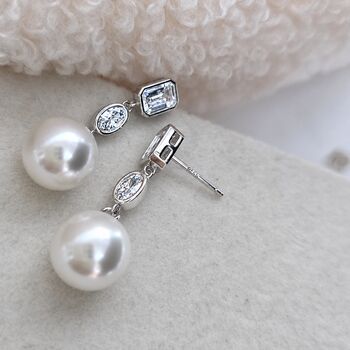Pearl Drop Bezel Set Moissanite Drop Earrings In 14k Gold And Sterling Silver, 9 of 12