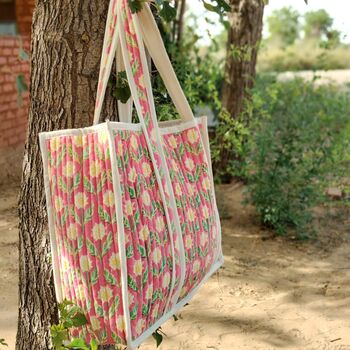 Large Quilted Market Tote Bag With Pink Floral Block Print Design, 4 of 7