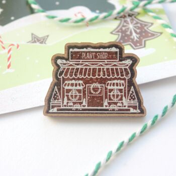 Christmas Wooden Pin Badge, Gingerbread Plant Shop, 2 of 3