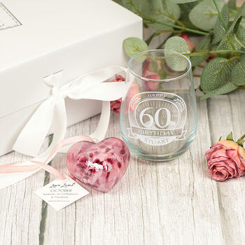 60th Birthday Stemless Glass And Birthstone Heart Gift Set, 4 of 8
