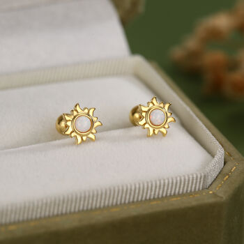 Sterling Silver Opal Sun 18 G Screw Back Earrings With Ball Backs, 4 of 10