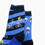 Bike Race Stripes Combed Cotton Odd Socks In Blue, thumbnail 2 of 4