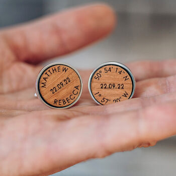 Personalised Names, Date And Coordinates Wood Cufflinks, 5 of 6