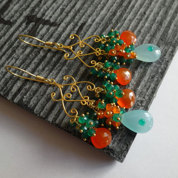 Onyx Emerald Carnelian Cluster Gold Earrings, 2 of 5