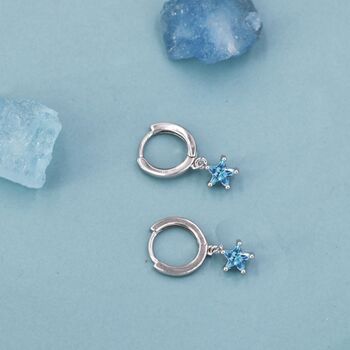 Sterling Silver Aqua Blue Cz Star Huggie Hoop Earrings, 6 of 12