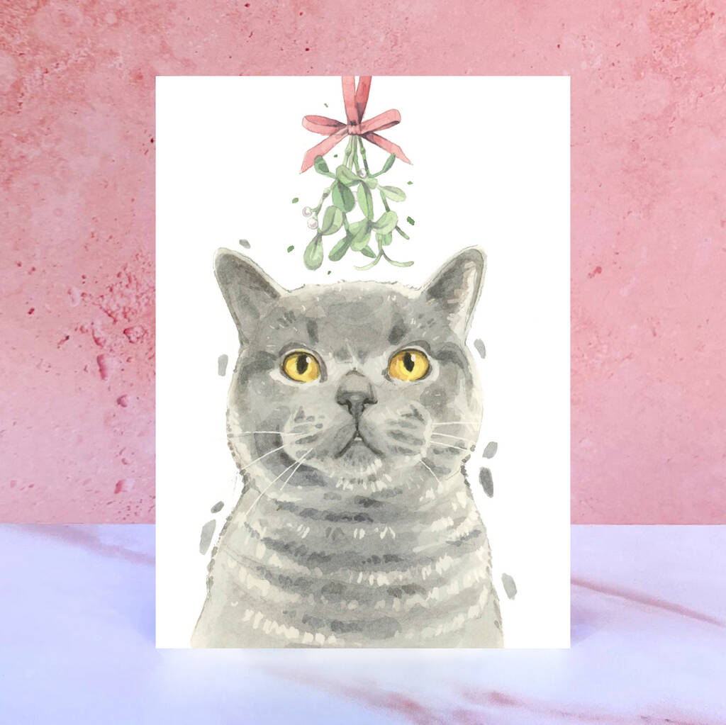 British Shorthair Cat Mistletoe Christmas Card, 1 of 1