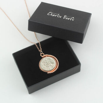 60th Birthday 1964 Lucky Sixpence Spinner Necklace, 5 of 6