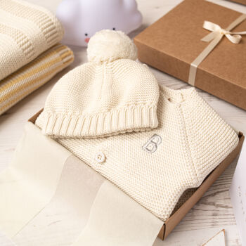 Luxury Cream Bobble Hat And Cardigan Baby Gift Box, 3 of 11
