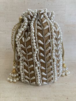 Bronze Handcrafted Pearl Potli Bag Wrist Bucket Bag, 7 of 8