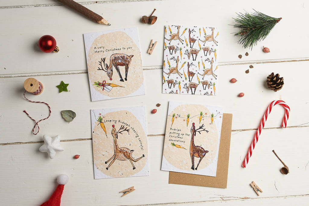 Pack Of Four Plantable Seed Reindeer Christmas Cards, 1 of 3