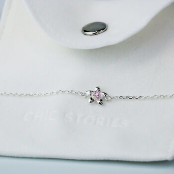 Sterling Silver Pink Crystal Flower Charm Bracelet, 6 of 6
