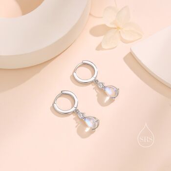 Moonstone Droplet And Cz Huggie Hoop Earrings, 2 of 10