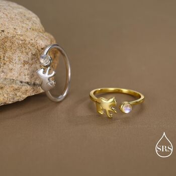 Sterling Silver Cat Playing With Ball Ring With Lab Created Moonstones, 5 of 12