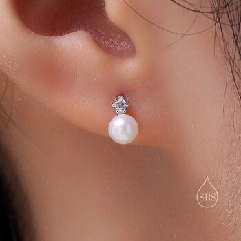 Tiny Genuine Pearl And Cz Internally Threaded Flat Back Earrings, 6 of 10