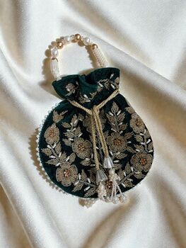 Handcrafted Emerald Green Velvet Potli Bag, 3 of 7