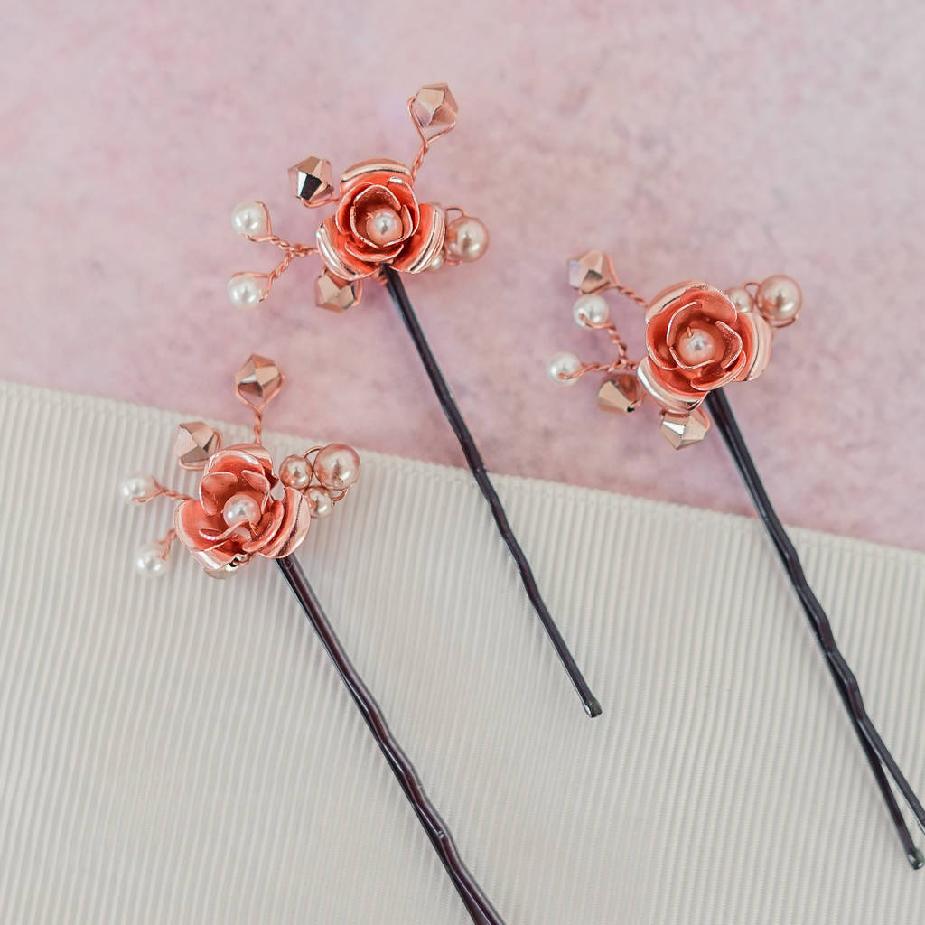 Set Of Three Rose Gold Flower Hair Pins By Melissa Designs