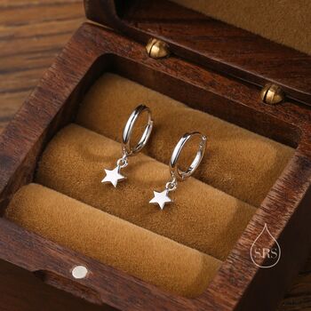 Dangle Star Huggie Hoop Earrings In Sterling Silver, 2 of 12