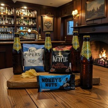 Pub In A Box Hawkstone, Moretti, Budvar Or Cobra Lager Beer Gift Hamper With Pub Snacks, 4 of 4