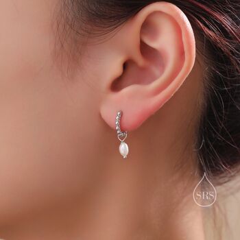 Sterling Silver Natural Freshwater Pearl Pebble Huggie Hoop Earrings, 2 of 11