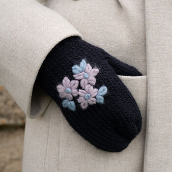 Forget Me Not Knitted Navy Mittens, 2 of 5