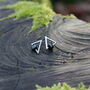 Silver Triangle Stud Earrings With Moving Black Cube, thumbnail 1 of 4