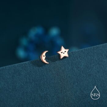 Sterling Silver Mismatched Cute Star And Moon Stud Earrings, 5 of 12