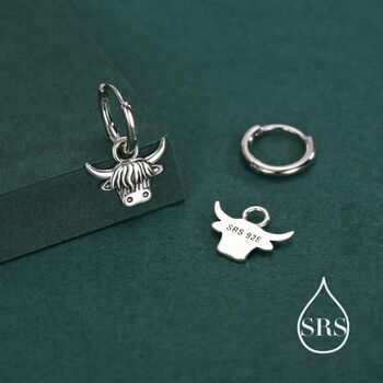 Sterling Silver Highland Cow Huggie Hoops With Detachable Charms, 3 of 11
